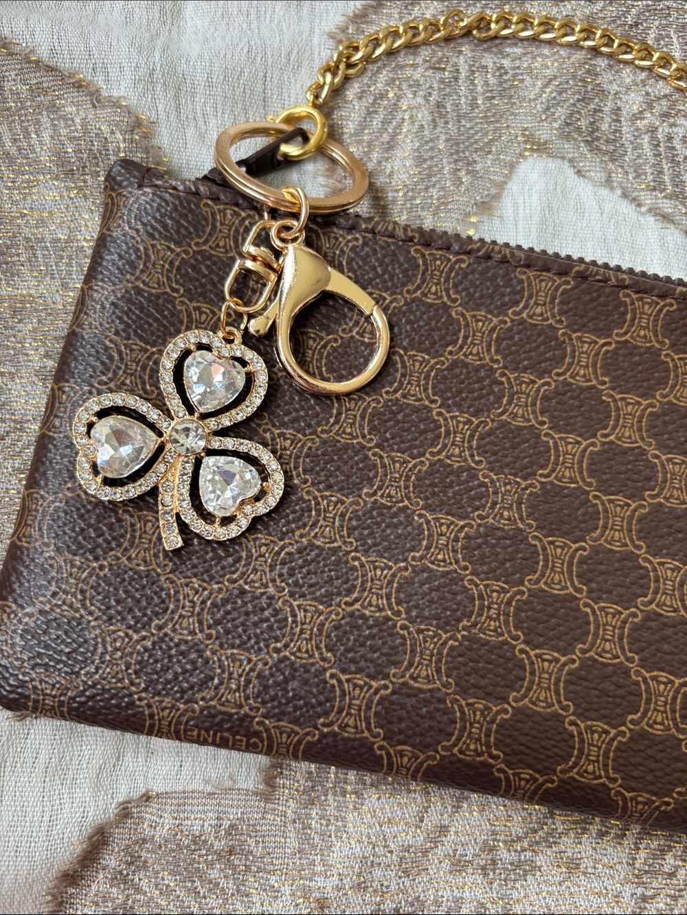 Celine Brown Logo-Print Leather Wristlet w/ Gold Tone Chain & Clover Charm - Picture 5 of 15